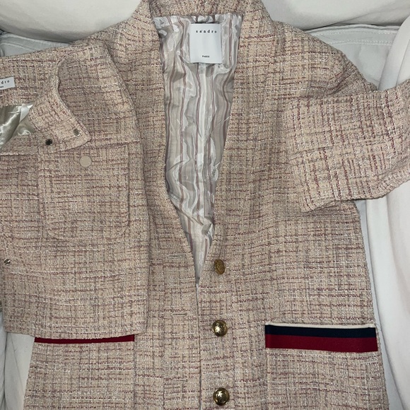 Sandro Adelaide Stripe-Trimmed Tweed Jacket Blazer Skirt Set in Blush 36, 2 - Picture 5 of 10